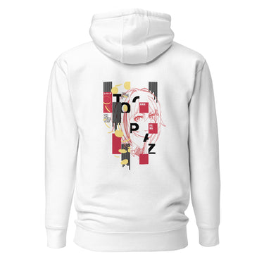 Back view of a solid-colored hoodie. A large graphic on the upper back features a line-art portrait of the character Topaz from Honkai: Star Rail. The design is layered with the vertical text "TOPAZ" and a background of abstract bars and shapes.