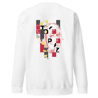 Back view of a solid-colored sweatshirt. A large graphic on the upper back features a line-art portrait of the character Topaz from Honkai: Star Rail. The design is layered with the vertical text "TOPAZ" and a background of abstract bars and shapes.