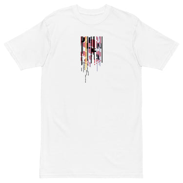 Front view of a solid-colored shirt. A vertical graphic on the chest resembles a distorted or dripping barcode, with small blocks of text integrated into the design.