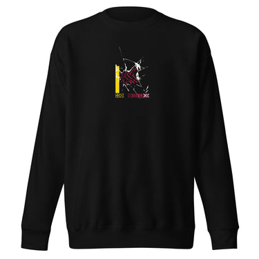 Front view of a solid-colored sweatshirt. A small graphic on the chest features a high-contrast, crystalline shape with lines radiating from it to create a shattered glass effect. The design is layered over a patterned rectangular block.