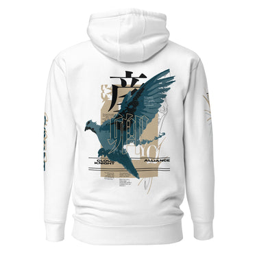 Back view of a solid-colored hoodie. A large, vertical collage graphic on the upper back features a high-contrast illustration of a bird in flight, layered with large, stylized East Asian characters and various blocks of text.