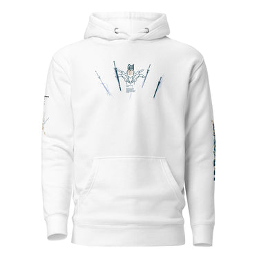 Front view of a solid-colored hoodie. A graphic centered on the chest features an ornate, high-contrast central symbol flanked by four detailed illustrations of floating swords.