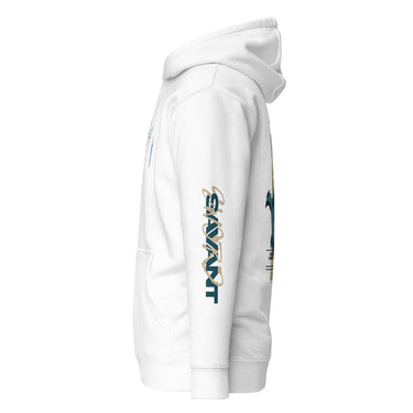 A view of the sleeve of a hoodie, showing the word "SAVANT" written vertically in a large, high-contrast, stylized script font.
