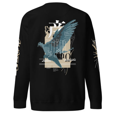 Back view of a solid-colored sweatshirt. A large, vertical collage graphic on the upper back features a high-contrast illustration of a bird in flight, layered with large, stylized East Asian characters and various blocks of text.