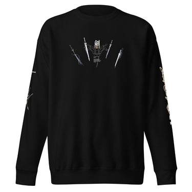 Front view of a solid-colored sweatshirt. A graphic centered on the chest features an ornate, high-contrast central symbol flanked by four detailed illustrations of floating swords.