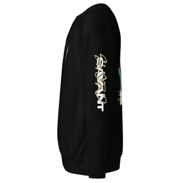 A view of the sleeve of a sweatshirt, showing the word "SAVANT" written vertically in a large, high-contrast, stylized script font.