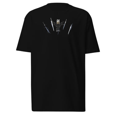 Front view of a solid-colored shirt. A graphic centered on the chest features an ornate, high-contrast central symbol flanked by four detailed illustrations of floating swords.