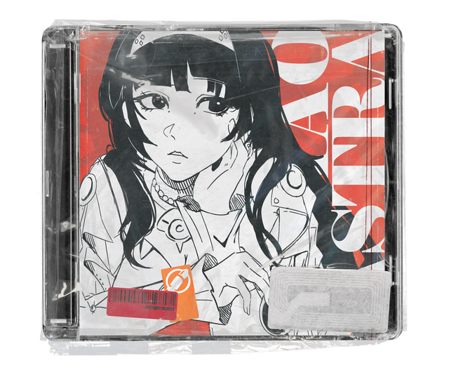 CD jewel case in clear shrink wrap. The cover is a black-and-white ink illustration of a girl with long dark hair and a headband on red, with large white lettering down the right edge and a barcode sticker, orange tag and security tag.