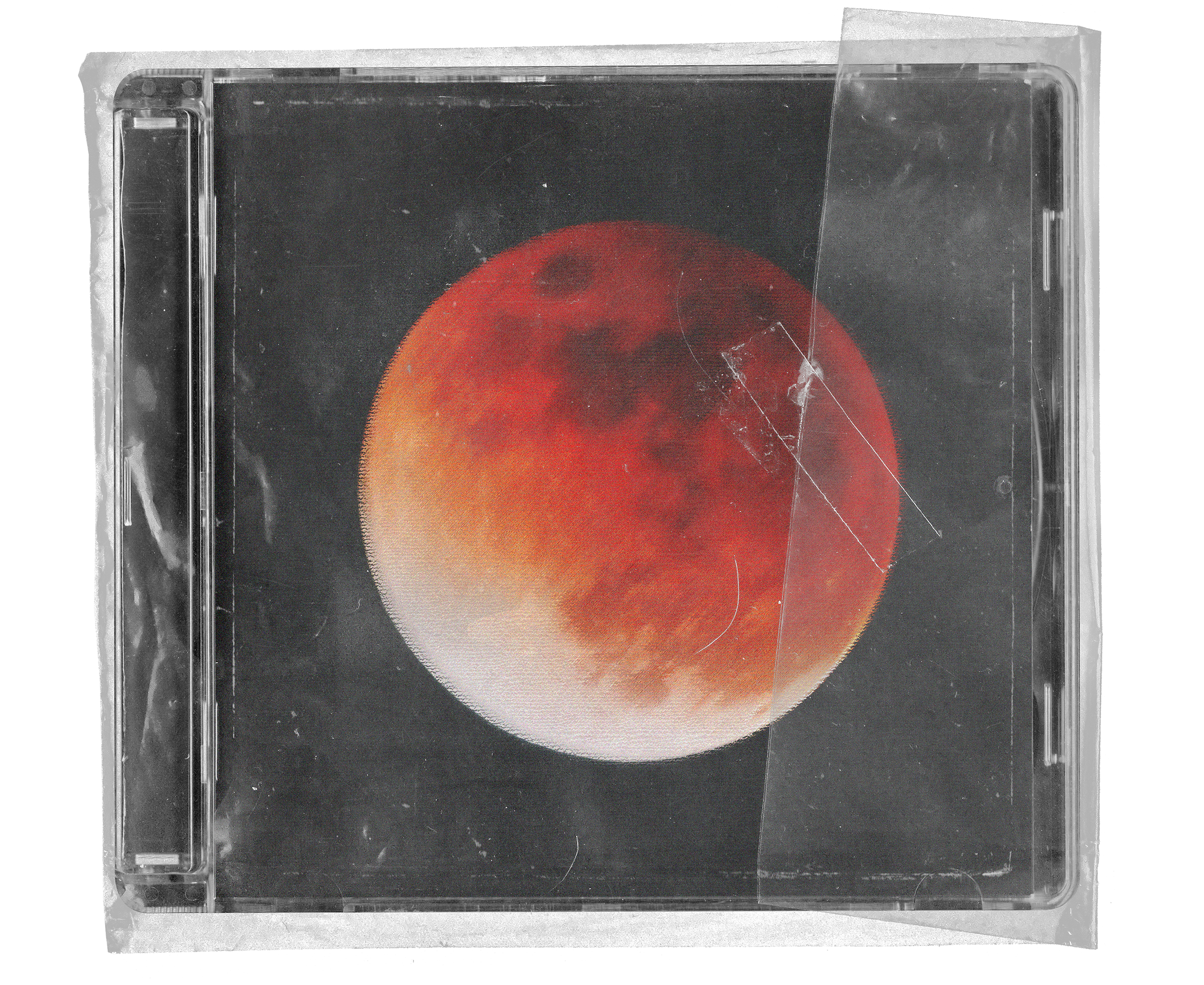 CD case with artwork of a red and orange moon against a dark background, wrapped in clear tape.