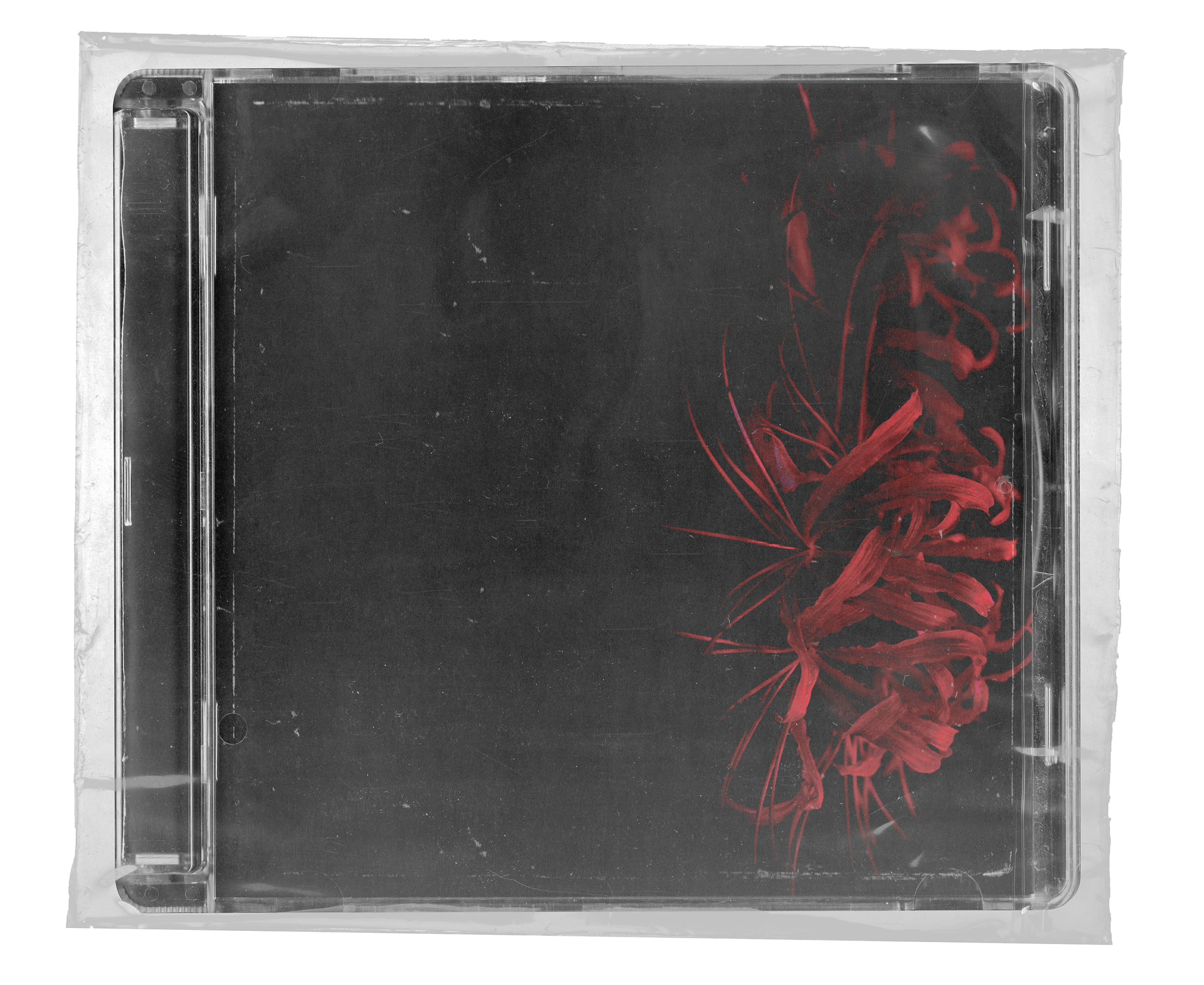 Transparent CD jewel case with a dark cover insert and red spider lily artwork along the right side.
