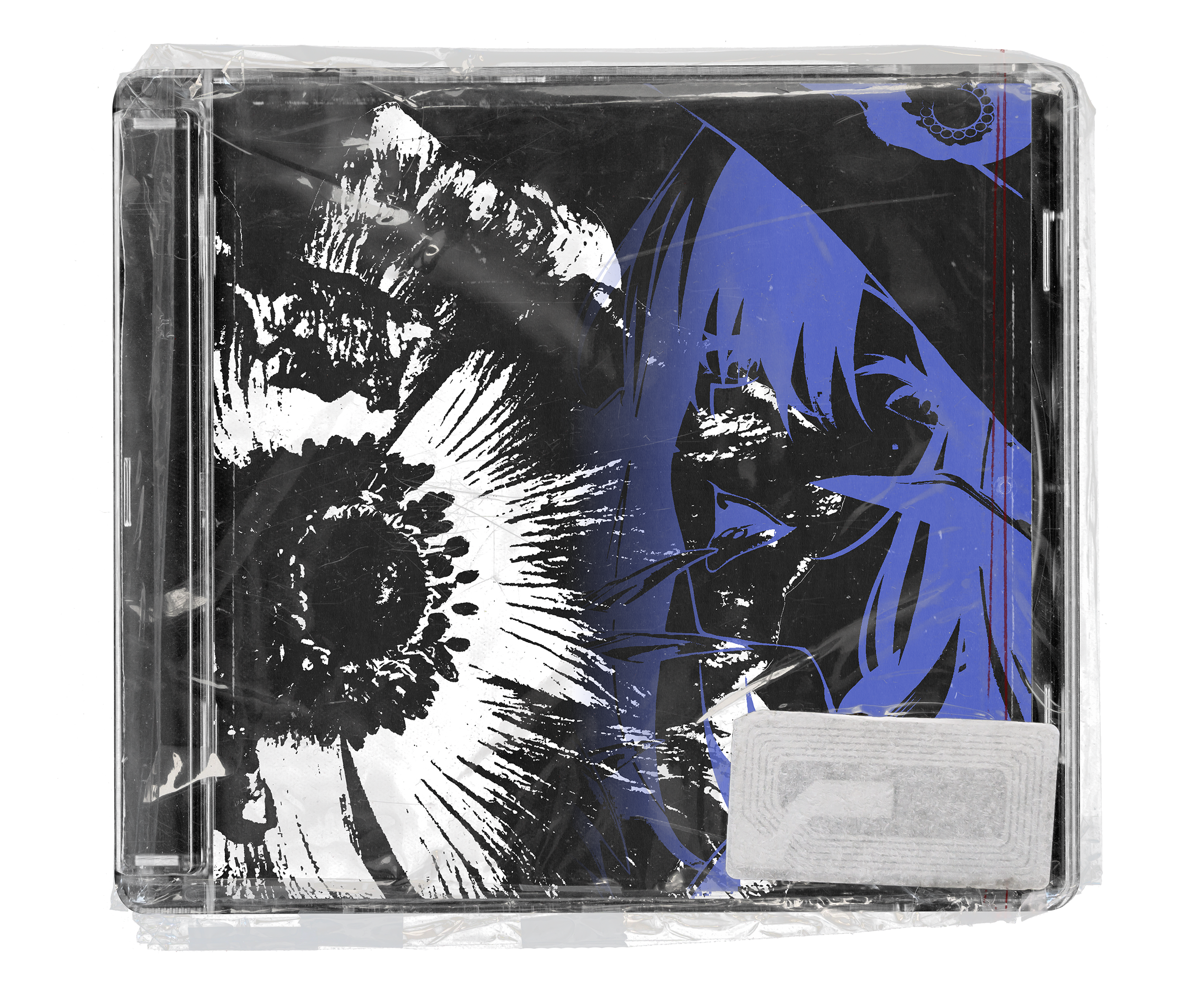 A CD jewel case in wrinkled plastic featuring high-contrast black, white, and blue artwork of a stylized flower and an anime face.