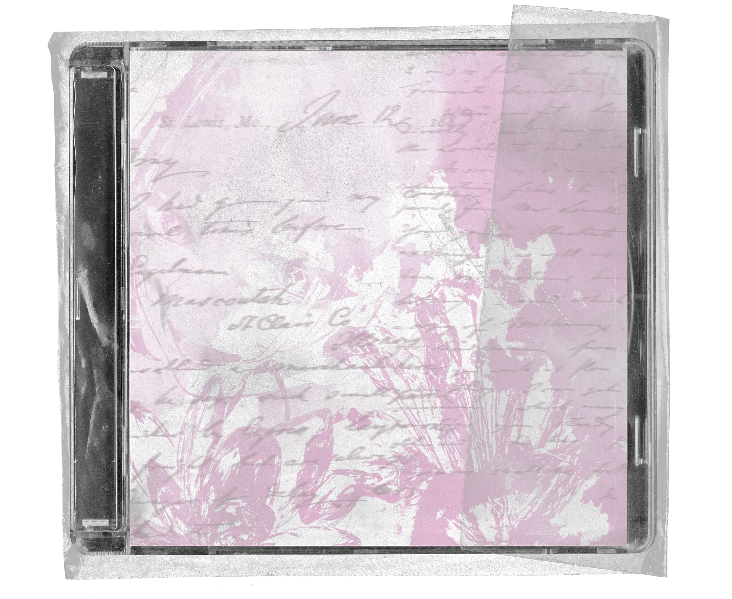 Transparent CD jewel case mockup with taped edges, featuring a pale pink and white floral handwritten collage insert on a black background.