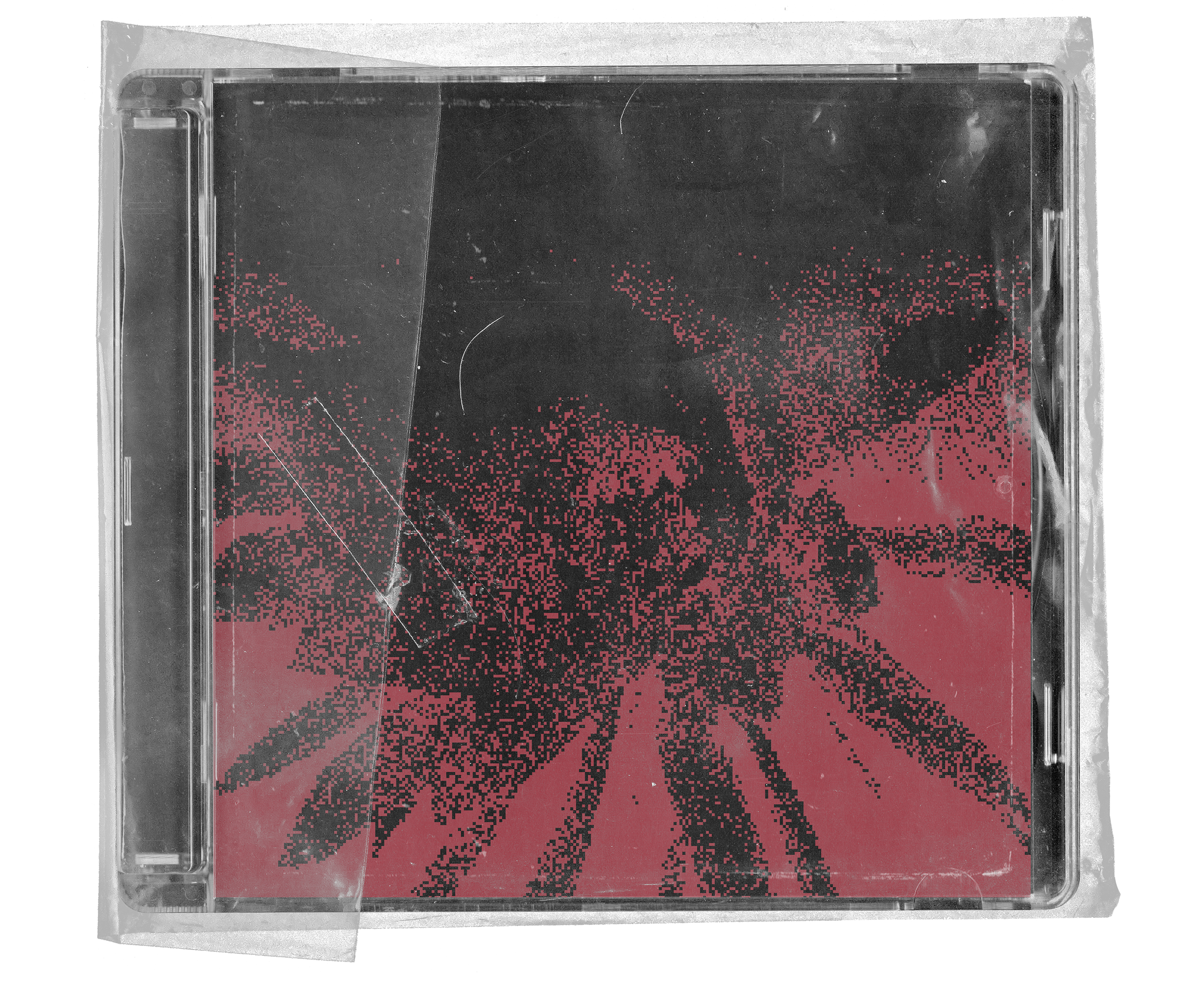 A CD case inside a clear plastic sleeve featuring abstract pixelated artwork of a flower. The flower has dark black petals radiating against a muted red background, creating a gritty, high-contrast effect.