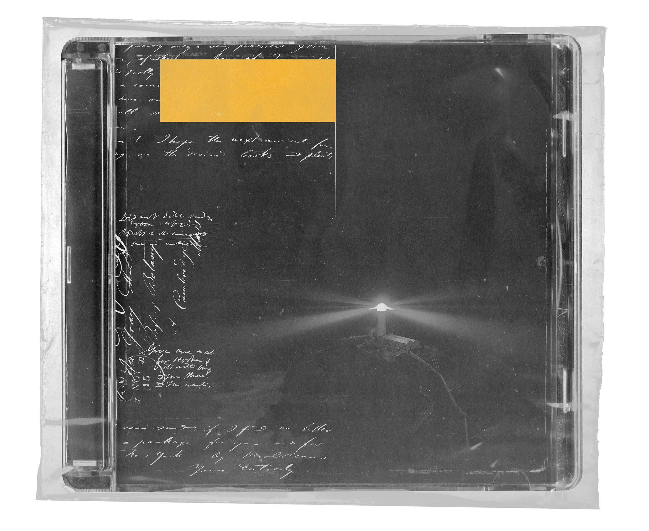 CD case with a dark cover showing a glowing lighthouse, white handwritten text, and a yellow rectangle in the top left.