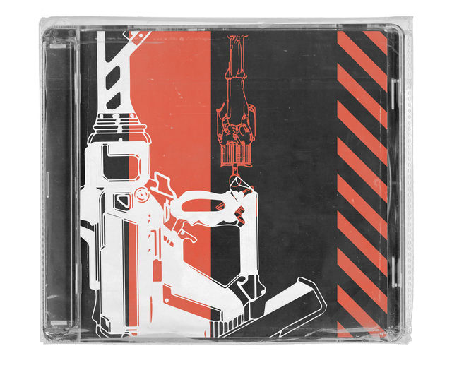 CD jewel case in clear shrink wrap. The cover is split into black and coral-red panels with a white outlined machine graphic, a smaller red line drawing of a mechanical arm, and red-and-black hazard stripes down the right edge.