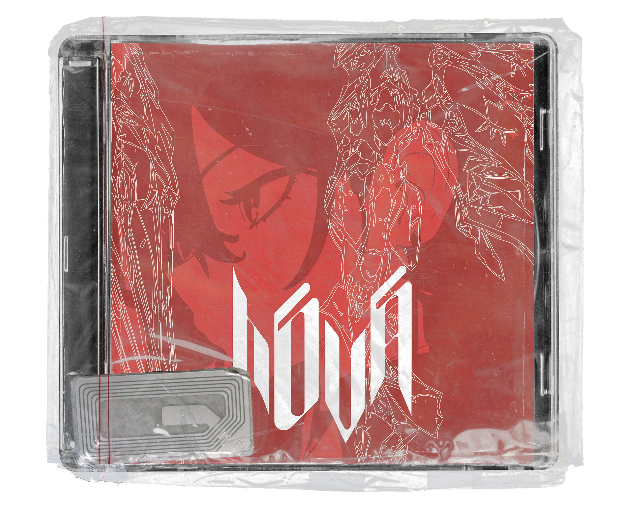 Clear plastic CD case with a red Himeko-inspired insert, white mechanical line art, a bold angular logo, and a visible RFID tag beneath the wrapping.