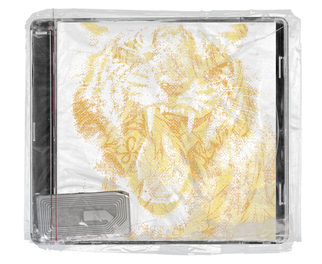 CD jewel case in clear shrink wrap. The cover is a halftone illustration of a roaring tiger in mustard yellow on white, with a silver security tag in the lower corner.