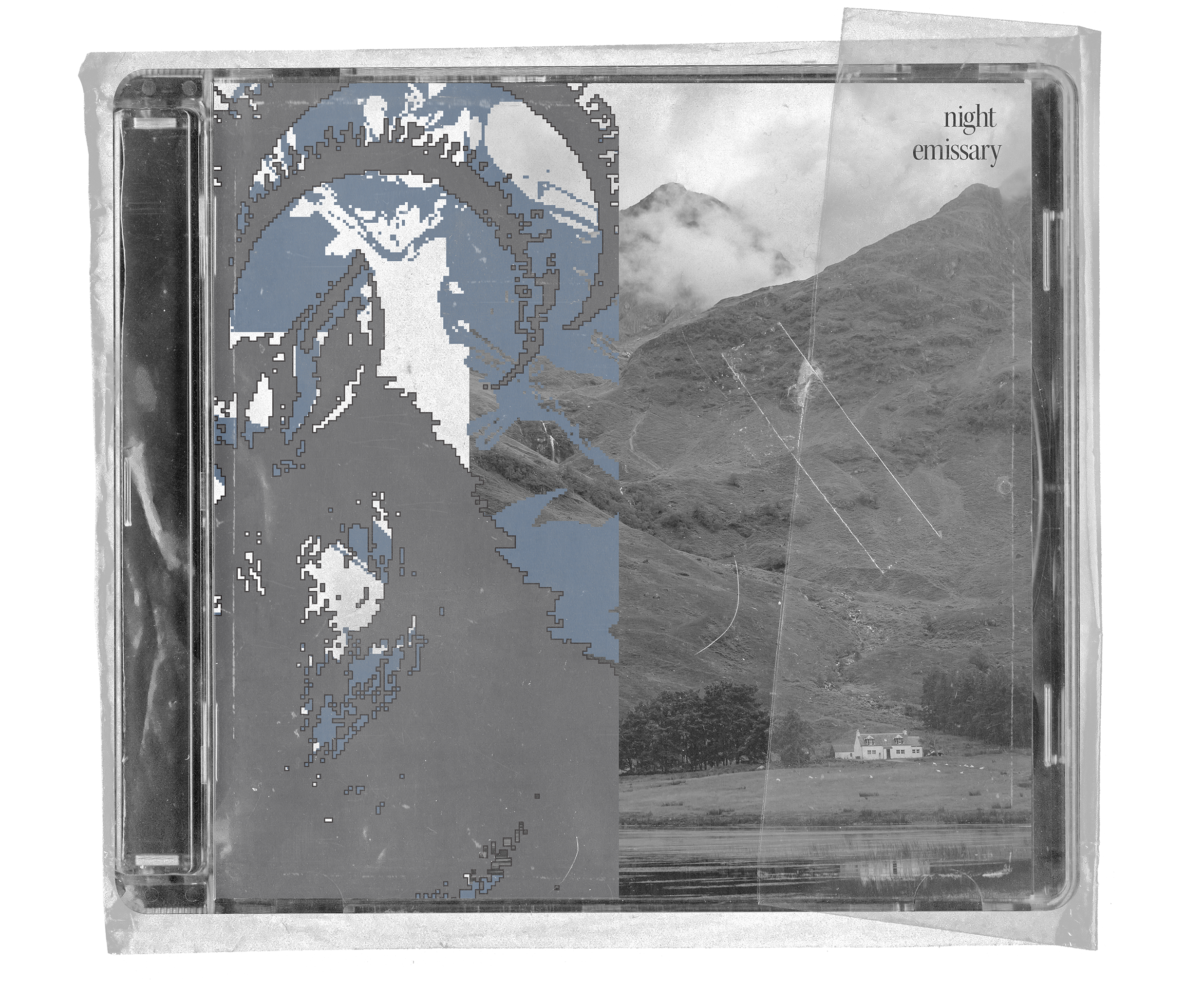 A CD jewel case with album art showing a split image of a pixelated landscape and a black-and-white mountain photograph, with the words "night emissary" in the corner.
