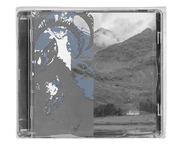 CD jewel case in clear shrink wrap. The cover is split between a pixelated pale-blue portrait fragment and a black-and-white photograph of misty mountains above a small white cottage.