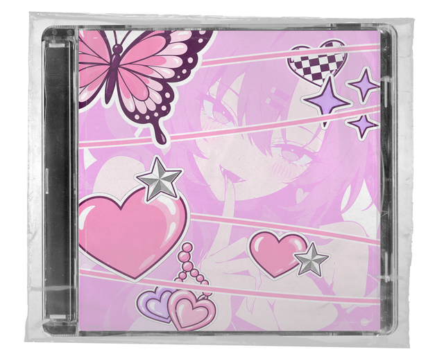 CD jewel case in clear shrink wrap. The cover is a pastel-pink illustration of a girl with a finger to her lips, layered with glossy heart, star, sparkle and butterfly stickers and pink ribbon bands.
