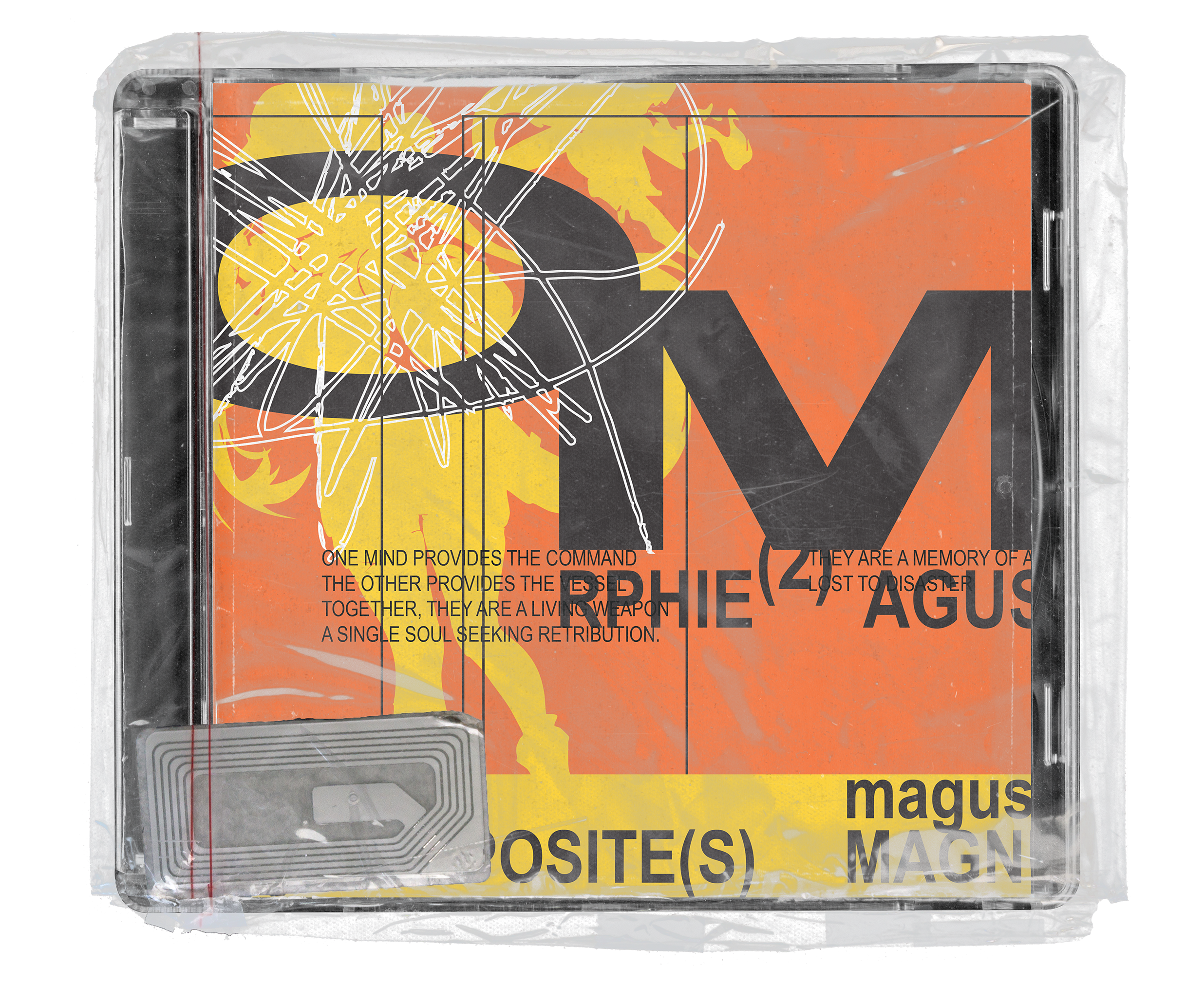 CD jewel case wrapped in clear plastic with an abstract orange and yellow background, overlaid with bold black and white typography, geometric lines, and a sunburst-like graphic.