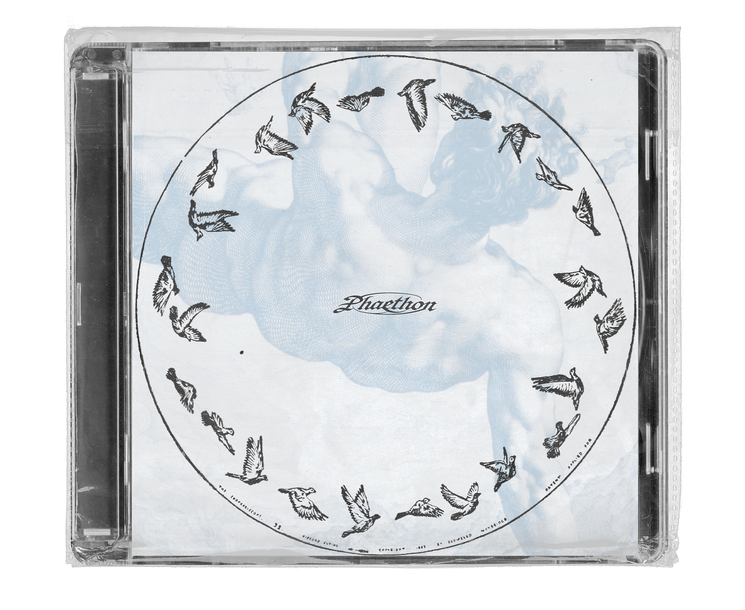 CD jewel case cover featuring a pale blue classical figure, a circular border of sketched birds, and “Phaethon” centered in script type.