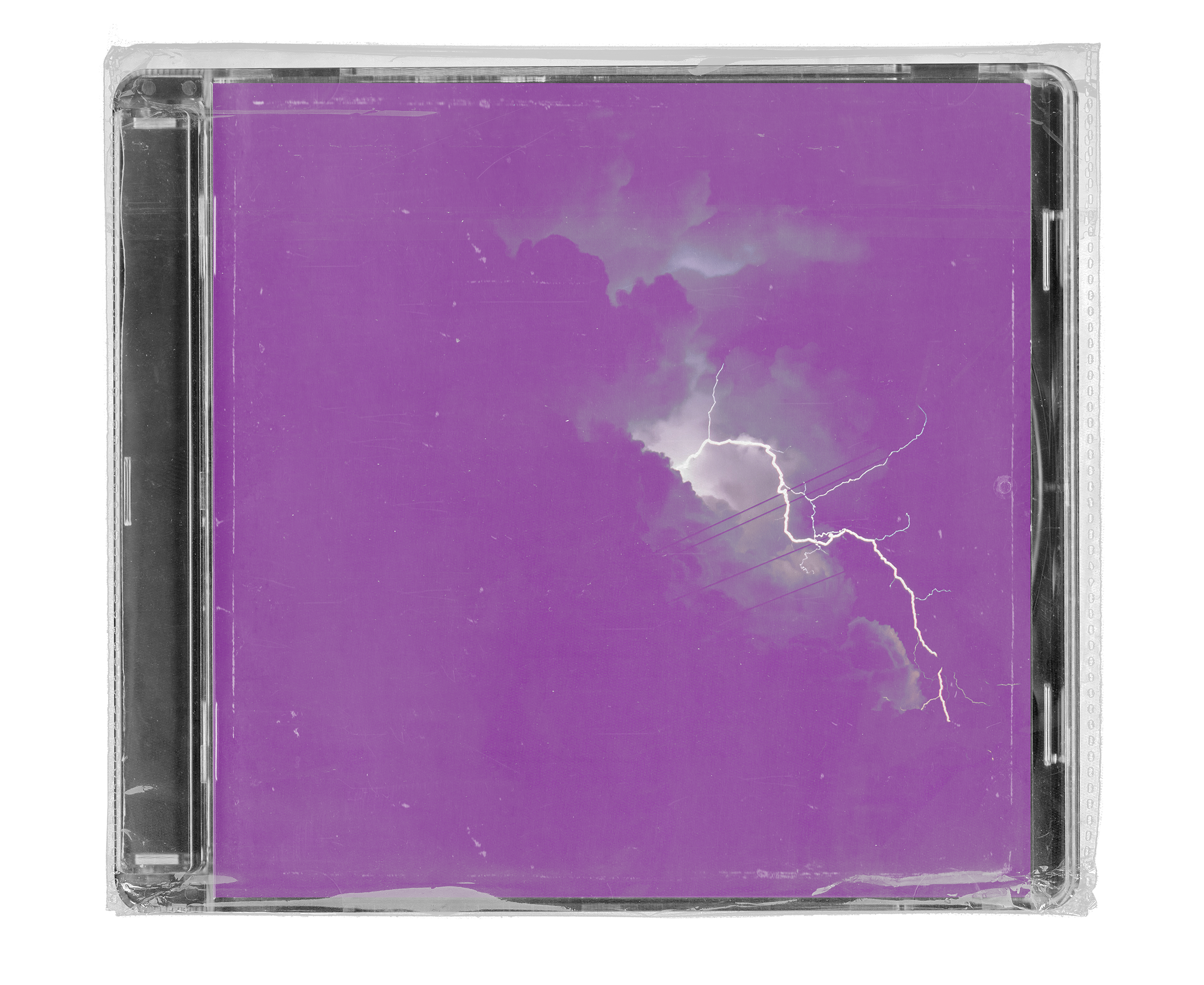 A CD in a clear jewel case, sealed in plastic wrap. The cover art features a bright white lightning bolt striking downwards from a stormy cloud, set against a solid, vibrant purple sky. The CD is photographed head-on against a light gray background.