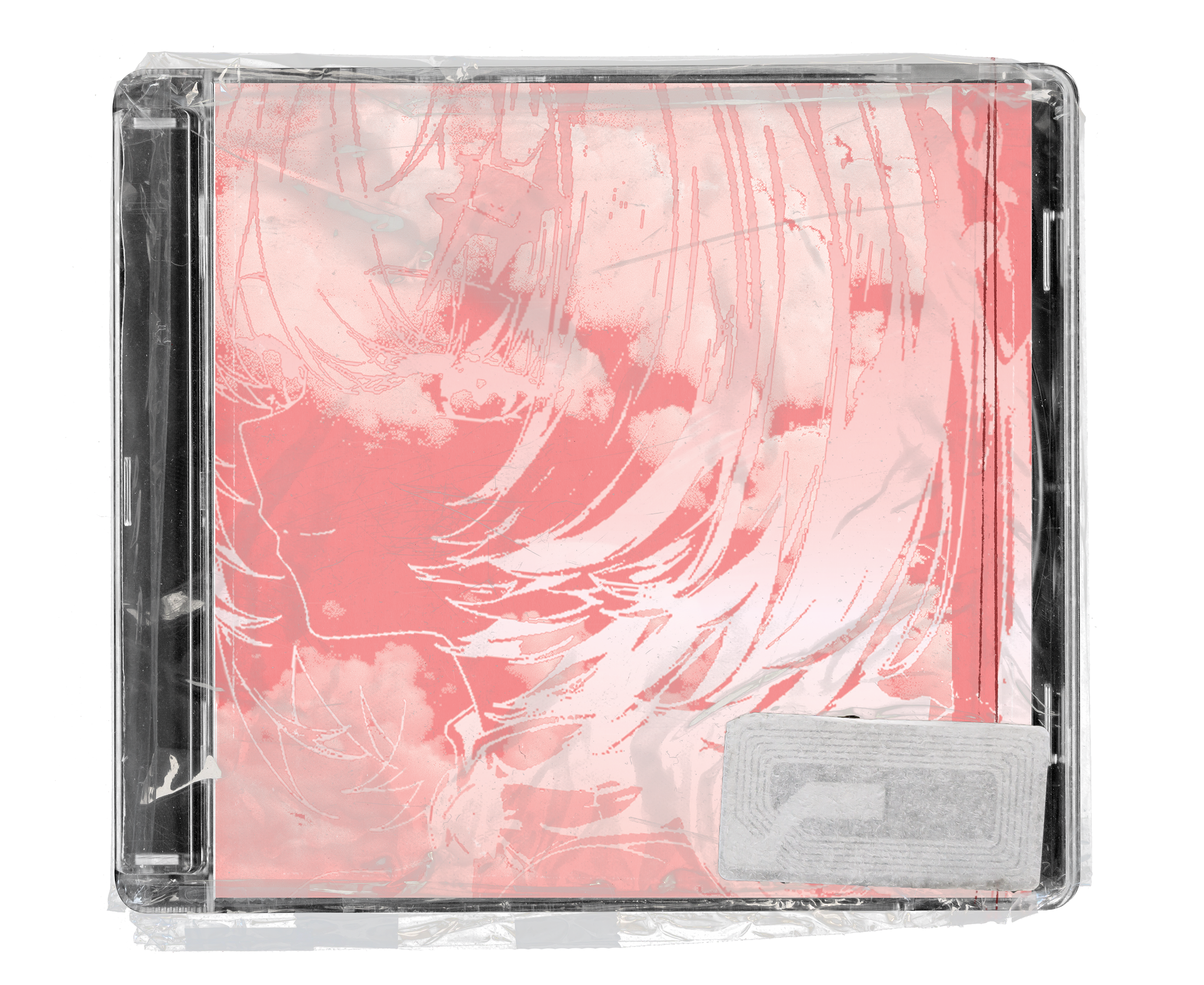A plastic-wrapped CD jewel case featuring a coral pink cover with a stylized winged figure and sweeping feathers drawn in pale linework against clouds, with a blank silver sticker at the lower right.