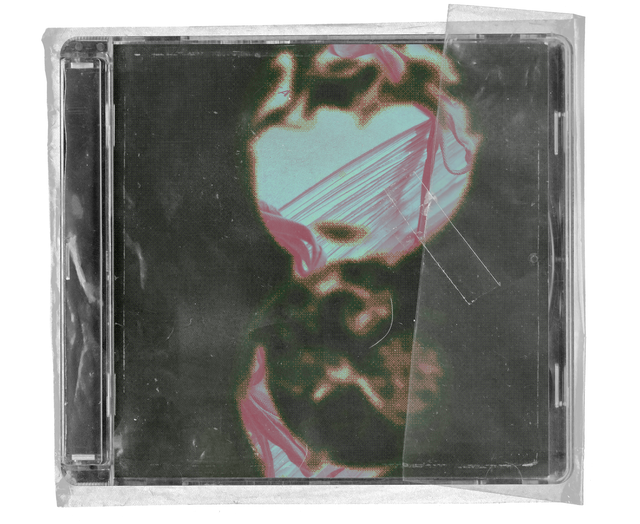 CD jewel case in clear shrink wrap, folded and taped at one side. The cover is near black with a pixelated photograph, in mint green and dusty pink, of a stack of pages tied with a fabric ribbon.