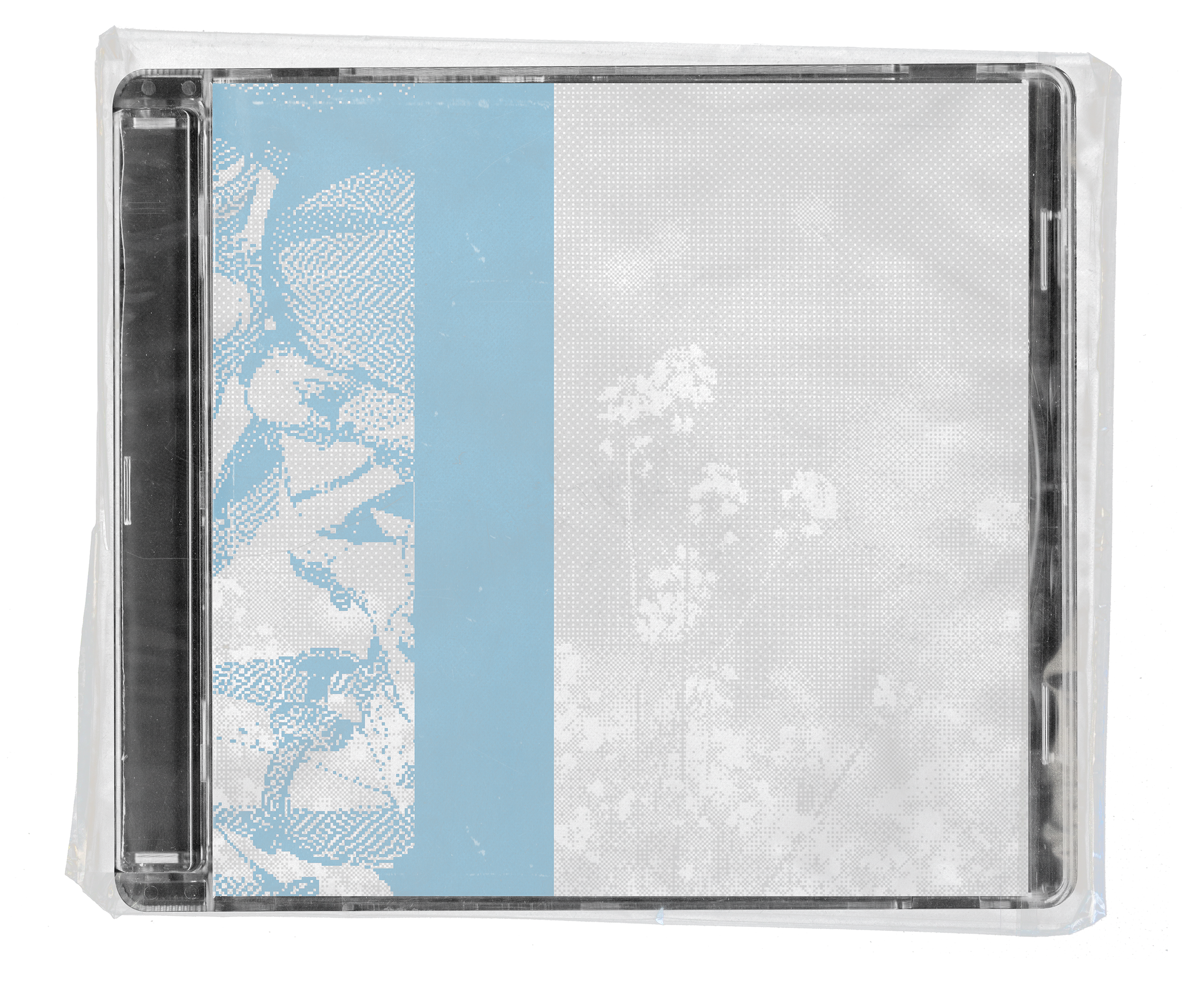 Clear CD case with crinkled wrap, featuring a minimalist cover design: blue strip with halftone texture on the left, faint white floral silhouettes on the right.