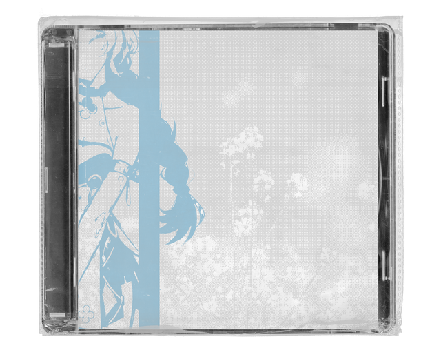 CD jewel case in clear shrink wrap. The cover is pale grey with a halftone texture, a vertical blue strip and blue line-drawn figure on the left, and faint white wildflower silhouettes on the right.