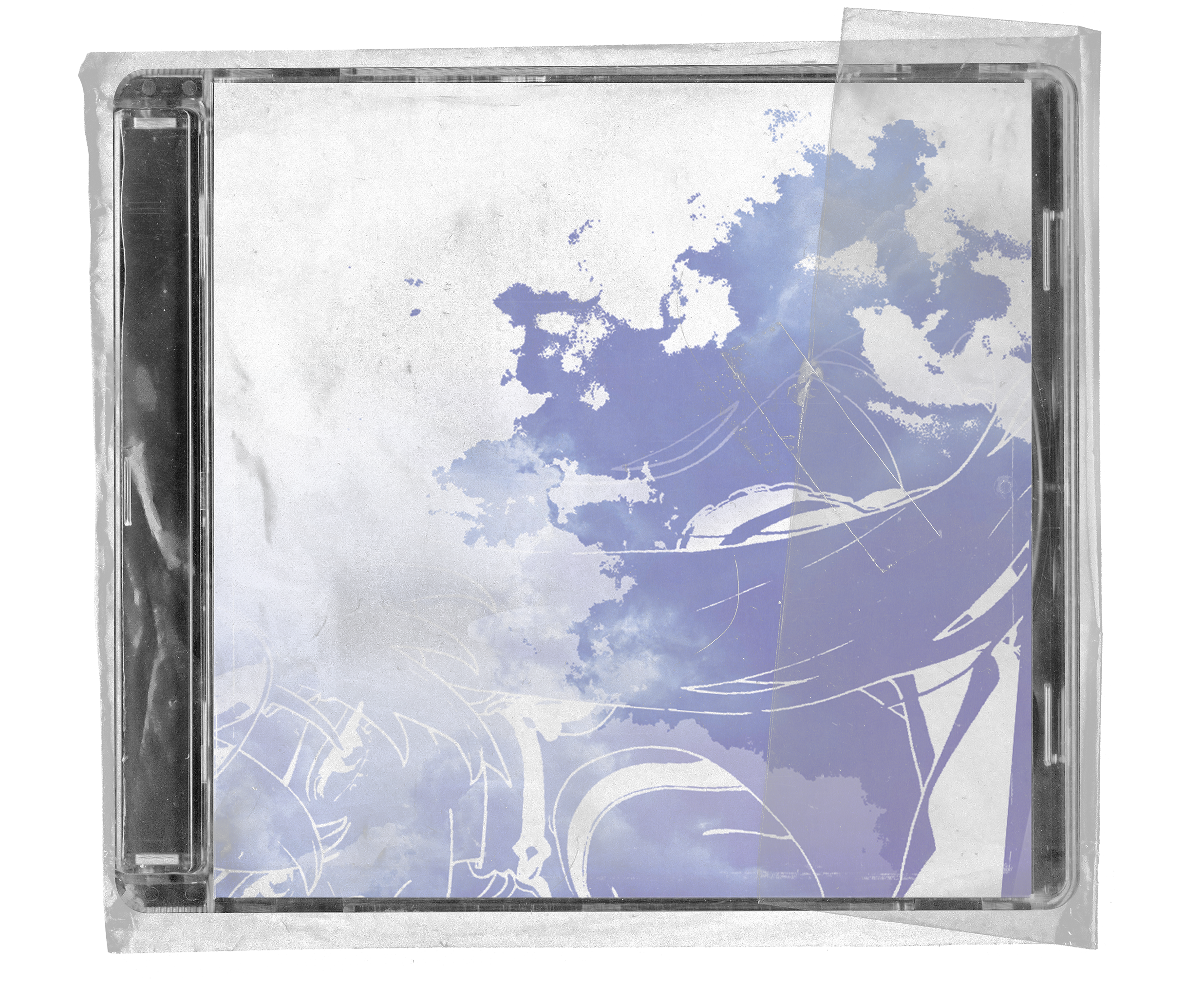 Transparent CD case with taped edges, showing a pale blue anime-style disc insert with cloudy, weathered texture.