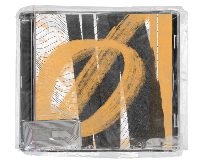 CD jewel case in clear shrink wrap. The cover layers black vertical bars, fine wavy contour lines and a loose orange brush-stroke loop on a white ground, with a silver security tag in the lower corner.