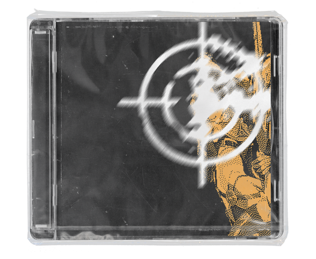 CD jewel case in clear shrink wrap. The cover is black with a blurred white scope crosshair over a pixelated orange figure along the right edge.