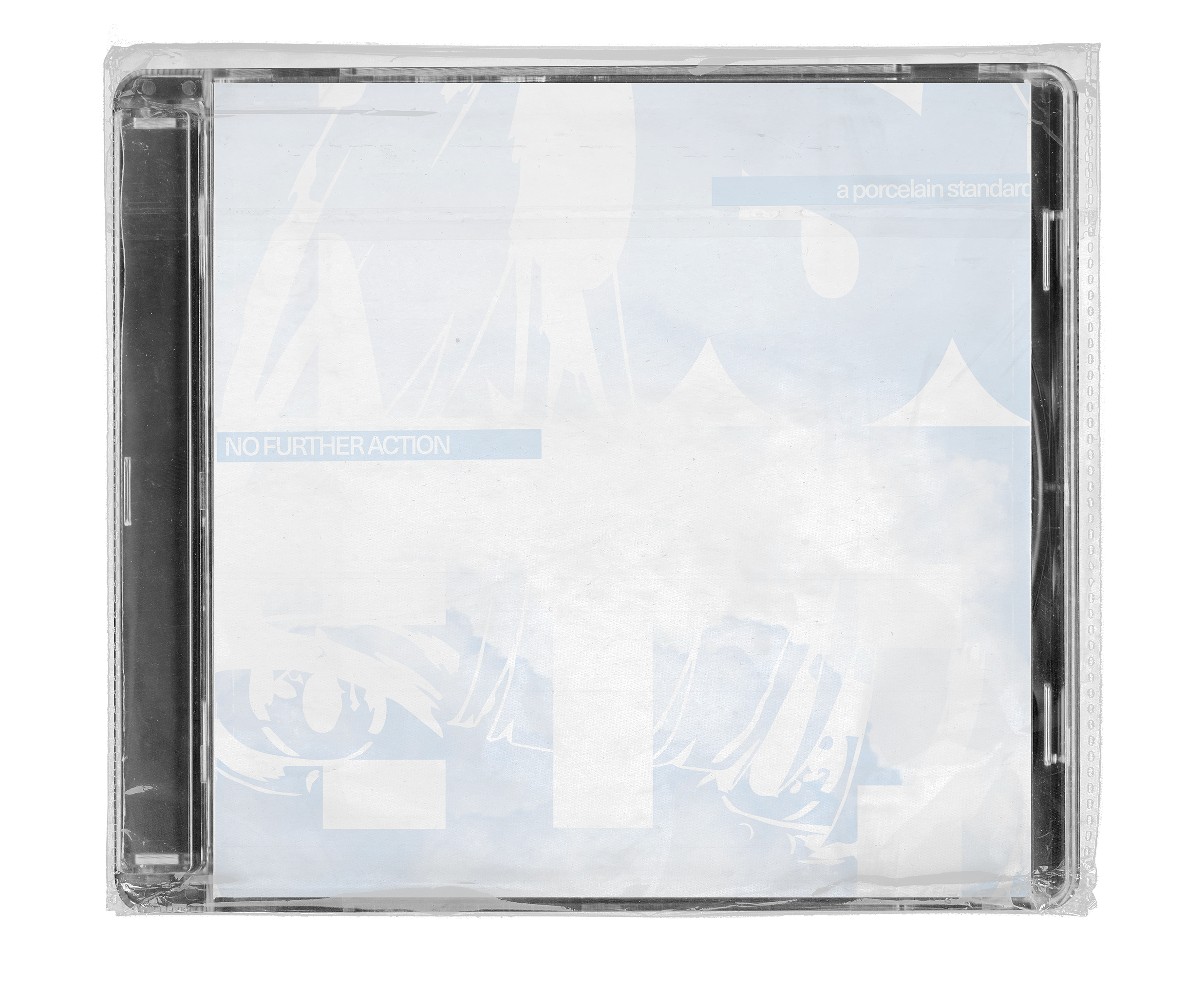 A plastic-wrapped CD case featuring a light blue and white abstract graphic cover with the text "NO FURTHER ACTION" and "a porcelain standard."