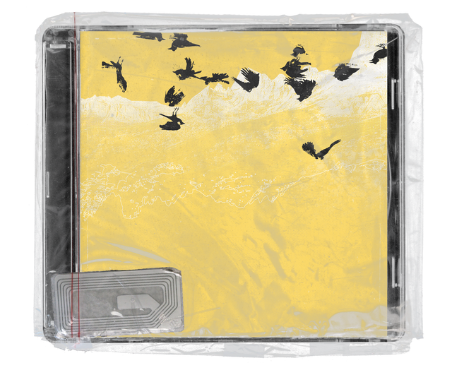 CD jewel case in clear shrink wrap. The cover is pale yellow with a soft ink-wash mountain ridge and a flock of black birds scattered across the top, with a silver security tag in the lower corner.