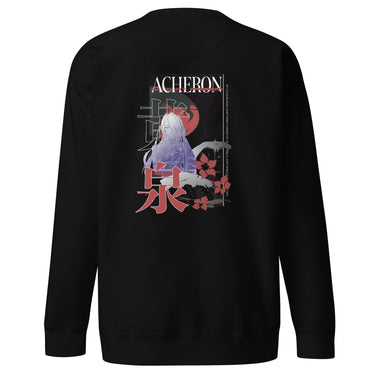 Back view of a solid-colored sweatshirt. A large, vertical graphic on the upper back features an illustration of the character Acheron from Honkai: Star Rail set against a large circular shape. The design is layered with the text "ACHERON", large stacked East Asian characters, and floral motifs.