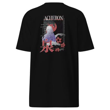 Back view of a solid-colored shirt. A large, vertical graphic on the upper back features an illustration of the character Acheron from Honkai: Star Rail set against a large circular shape. The design is layered with the text "ACHERON", large stacked East Asian characters, and floral motifs.