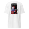 Back view of a solid-colored shirt. A large, vertical graphic on the upper back features an illustration of the character Acheron from Honkai: Star Rail set against a large circular shape. The design is layered with the text "ACHERON", large stacked East Asian characters, and floral motifs.