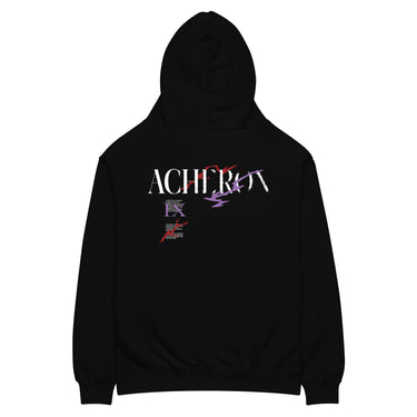 Back view of a solid-colored oversized-hoodie. A large graphic on the upper back features the word "ACHERON" in a serif font. The right side of the word is overlaid with sharp, abstract "glitch" shapes and other smaller text elements, including the Roman numeral "IX".