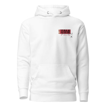 A white hoodie with an off centered graphic to the left side of the sweatshirt. The design features the word 'THYME' in a large, black font layered over a red rectangle accompanied by red text depicting "FIELD" underneath it.