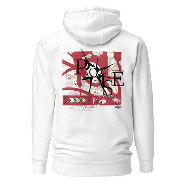 A white hoodie with a central graphic. The design features the word 'POISE' in a large, deconstructed black font layered over a red rectangle with abstract white patterns. The background includes beige textures and red script accents.