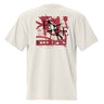 A faded bone oversized tee with a central graphic. The design features the word 'POISE' in a large, deconstructed black font layered over a red rectangle with abstract white patterns. The background includes beige textures and red script accents.