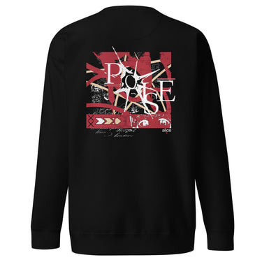 A black crewneck sweatshirt with a central graphic. The design features the word 'POISE' in a large, deconstructed white font layered over a red rectangle with abstract white patterns. The background includes beige textures and red script accents.