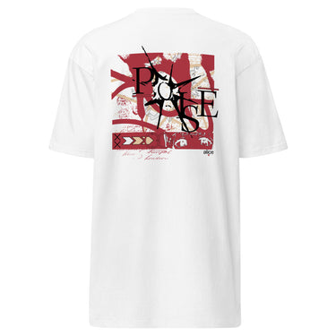A white tee with a central graphic. The design features the word 'POISE' in a large, deconstructed black font layered over a red rectangle with abstract white patterns. The background includes beige textures and red script accents.