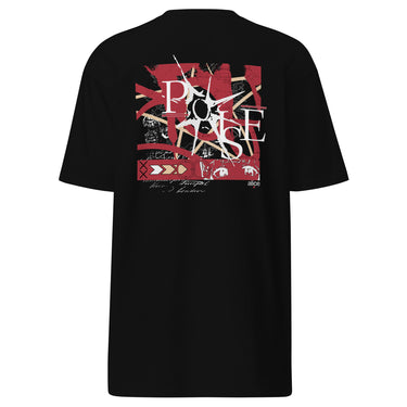 A black tee with a central graphic. The design features the word 'POISE' in a large, deconstructed white font layered over a red rectangle with abstract white patterns. The background includes beige textures and red script accents.