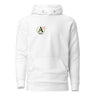 Front view of a solid-colored hoodie. A small graphic on the left chest features a circular emblem containing a large, pixel-art style letter 'A'. A small, outlined star symbol is next to the emblem.