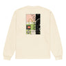 Back view of a solid-colored longsleeve. A large collage graphic is centered on the upper back, composed of several rectangular panels. The design features the vertical text "ANBY DEMARA" and a large, high-contrast profile illustration of a character with rabbit-like ears.