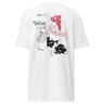 Back view of a solid-colored shirt. A large collage graphic on the upper back features a fine-line portrait of the character Argenti from Honkai: Star Rail holding a rose. The design is layered with multiple blocks of text in various fonts and several patches of high-contrast, textured patterns.
