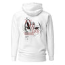 Back view of a solid-colored hoodie. A large graphic on the upper back features a high-contrast, close-up illustration of Arlecchino from Genshin Impact’s eyes. The design is layered with the text "the KNAVE of HER" and various other typographic and abstract elements.